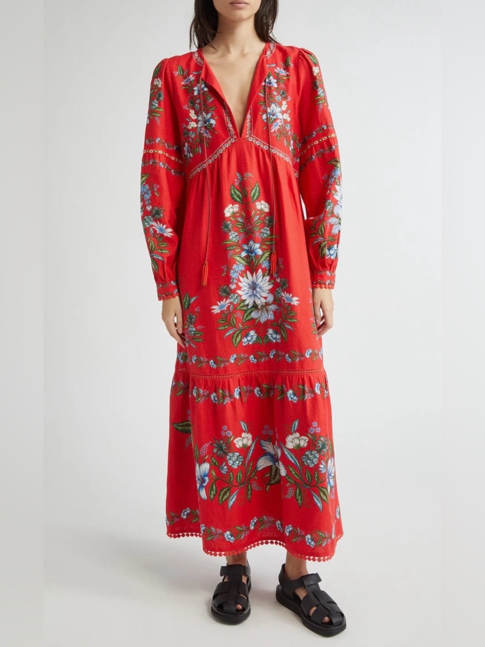Farm Rio Sweet Bloom Cotton Linen Blend Long Sleeve Tiered Maxi Dress Size XS